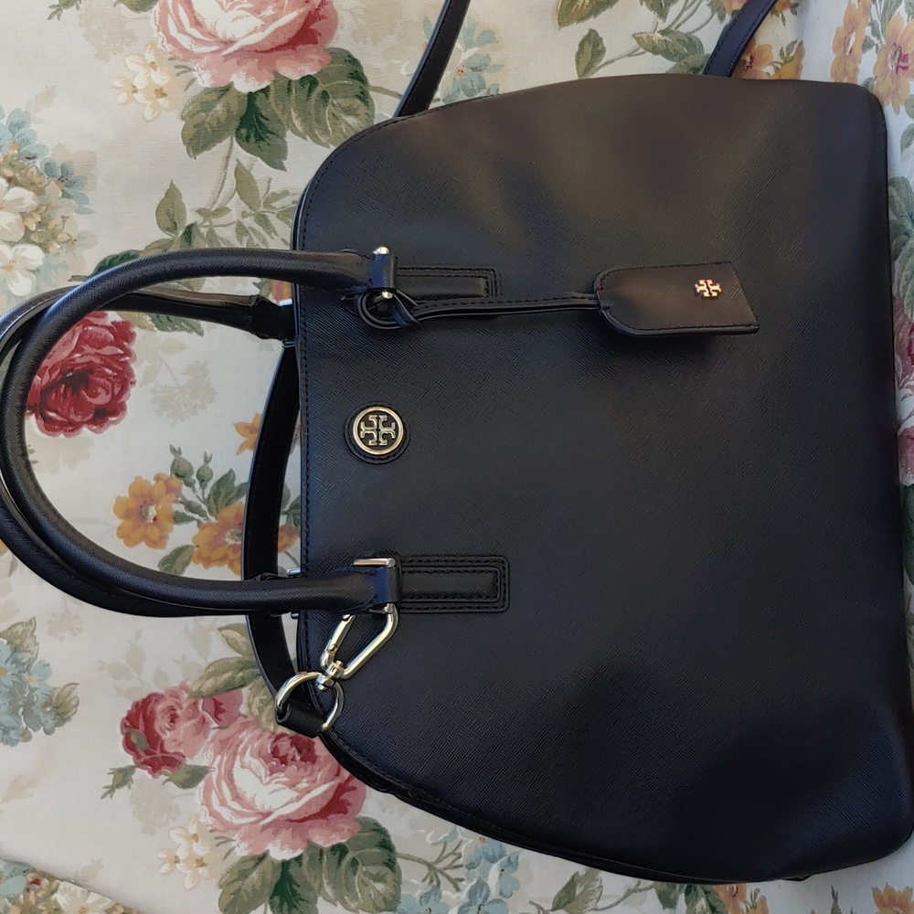 Tory Burch Saffiano Black Leather Dome Satchel Bag with Shoulder Strap - Picture 1 of 17